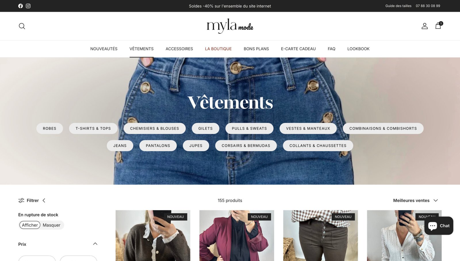 Page d'accueil de la boutique en ligne Myla'Mode